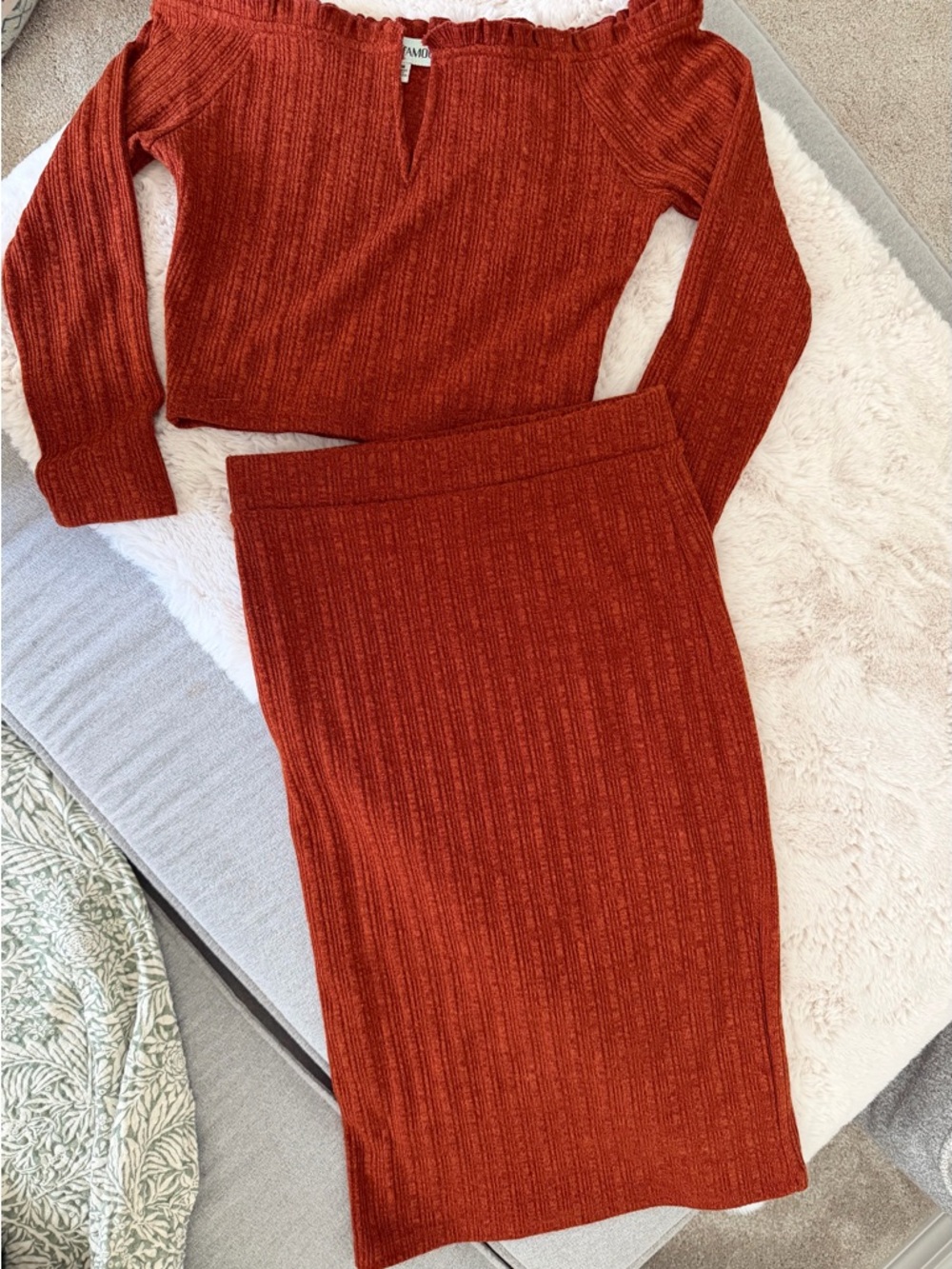 Almost Famous Rust Ribbed Knit Pencil Skirt & Crop Top